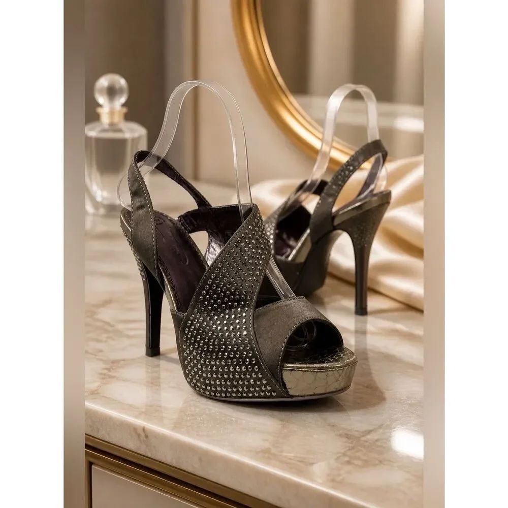 Gray Sandals 4.5” Heels with Rhinestone Detailing size 36.5 NWOT